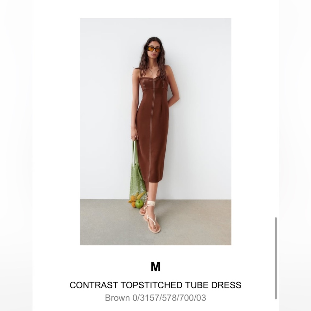 Brown midi Zara dress with white top stitching